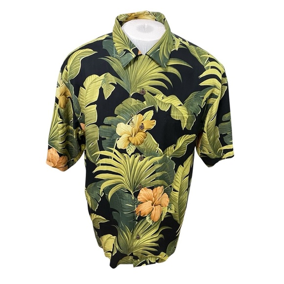 Tommy Bahama 100% Silk Hawaiian Shirt Black Green Yellow Floral Print Size M - Picture 1 of 15